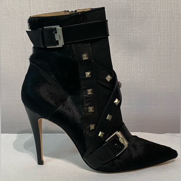 Manolo Blahnik Toapa Studded Mixed Media Ankle Boot Black 8.5B US Dyed Calf Hair - Picture 14 of 16